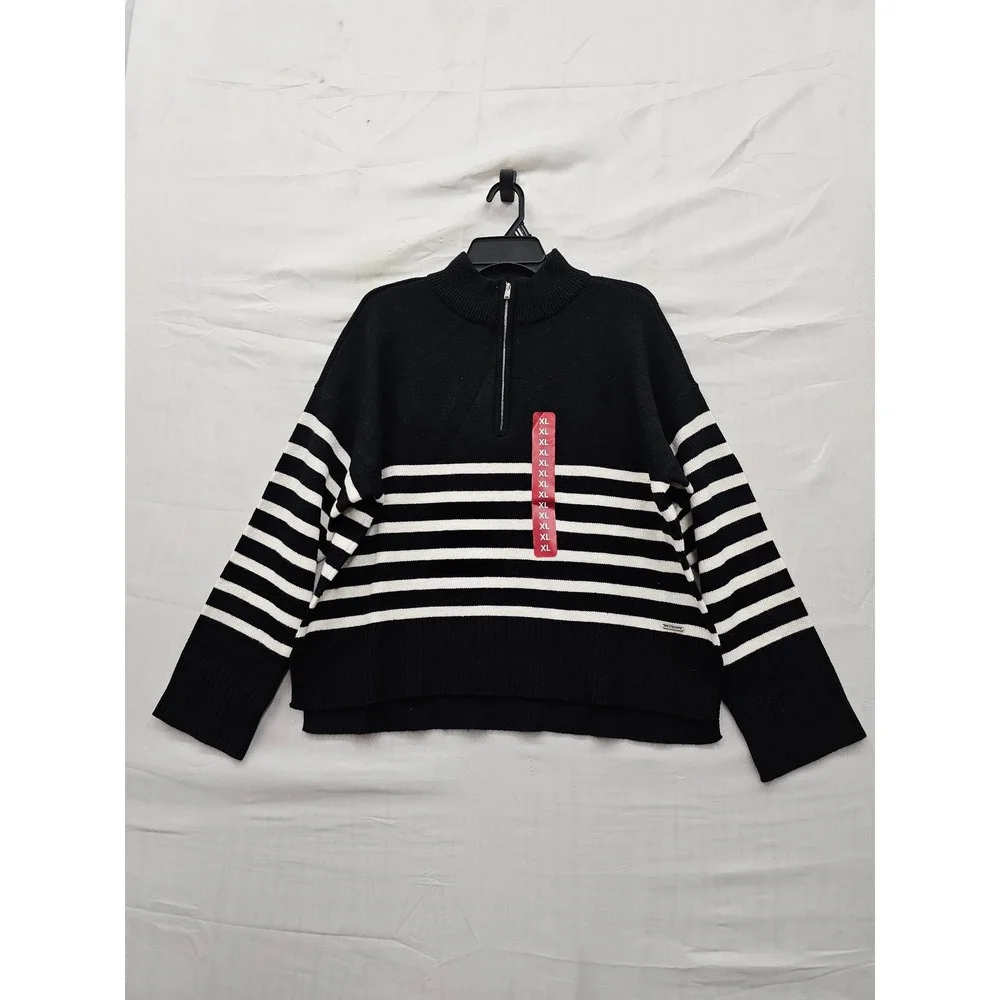 DKNY Womens Quarter Zip Pullover Sweater Black Rayon Blend Casual Size XL